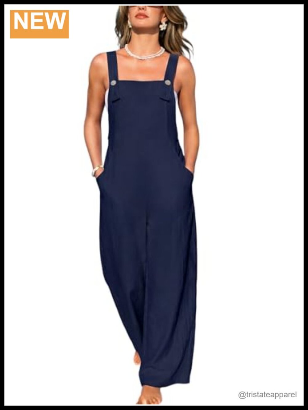 Casual Jumpsuit Square Neck Sleeveless Cotton Wide Leg Long Pants Pockets
